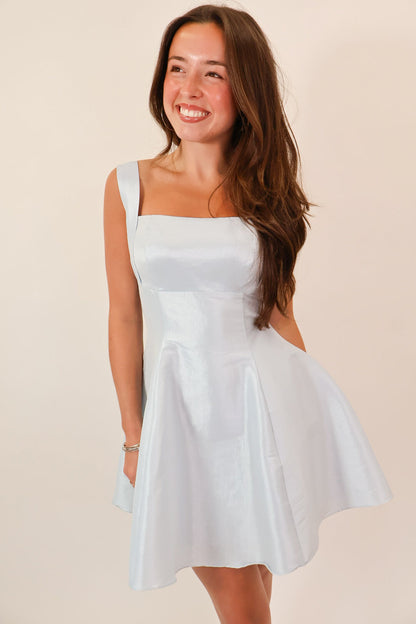 Powder Blue Bow Back Satin Mini Dress