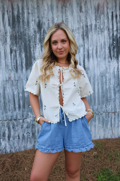 Oatmeal Floral Embroidered Tie Front Top