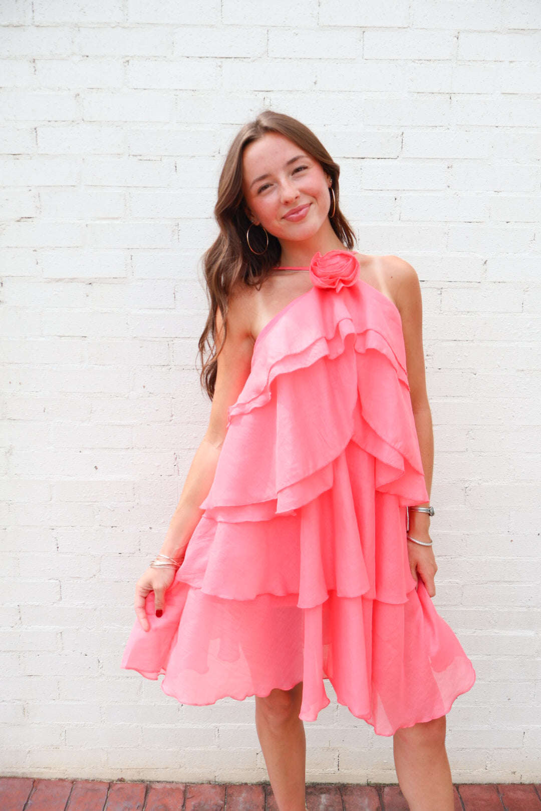 Tiered Rose Bud Halter Dress - Coral