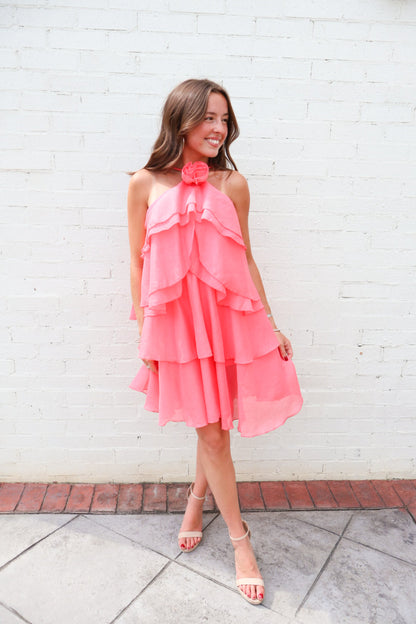 Tiered Rose Bud Halter Dress - Coral