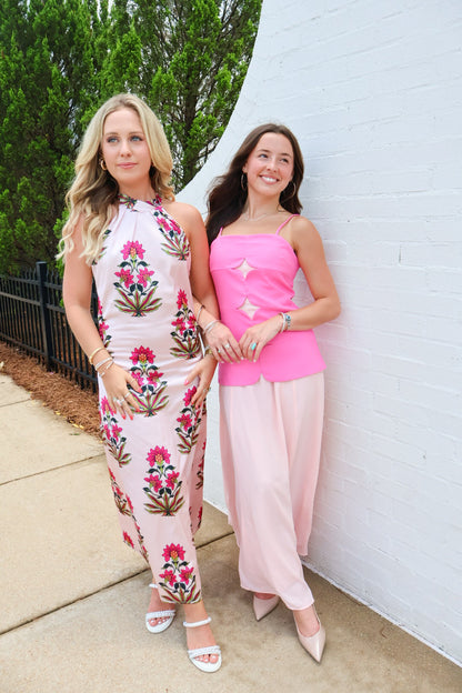 Floral Satin Halter Midi Dress