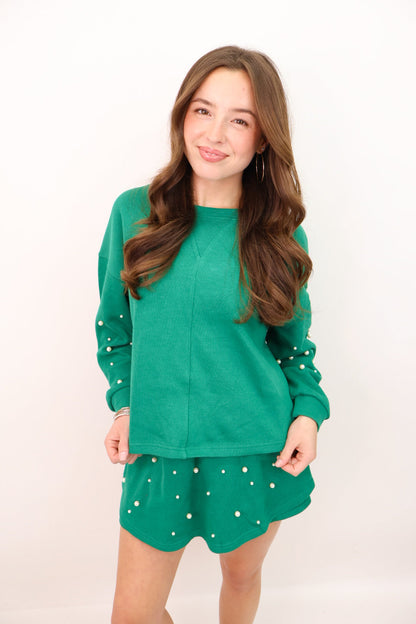 Pearl Embellished Casual Skort Set - Green