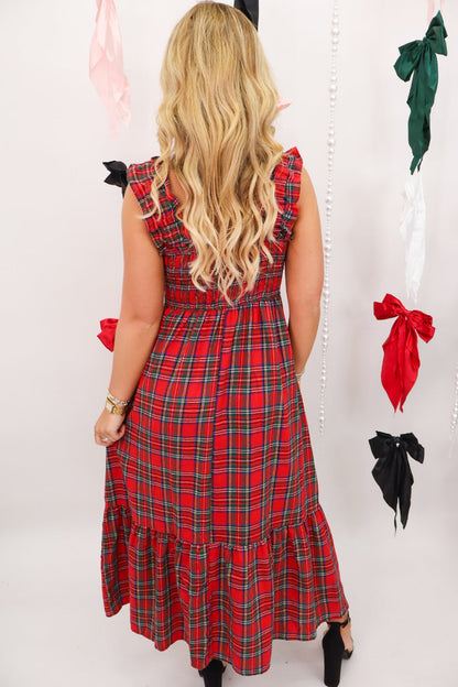 Red Plaid Smocked Midi Dress
