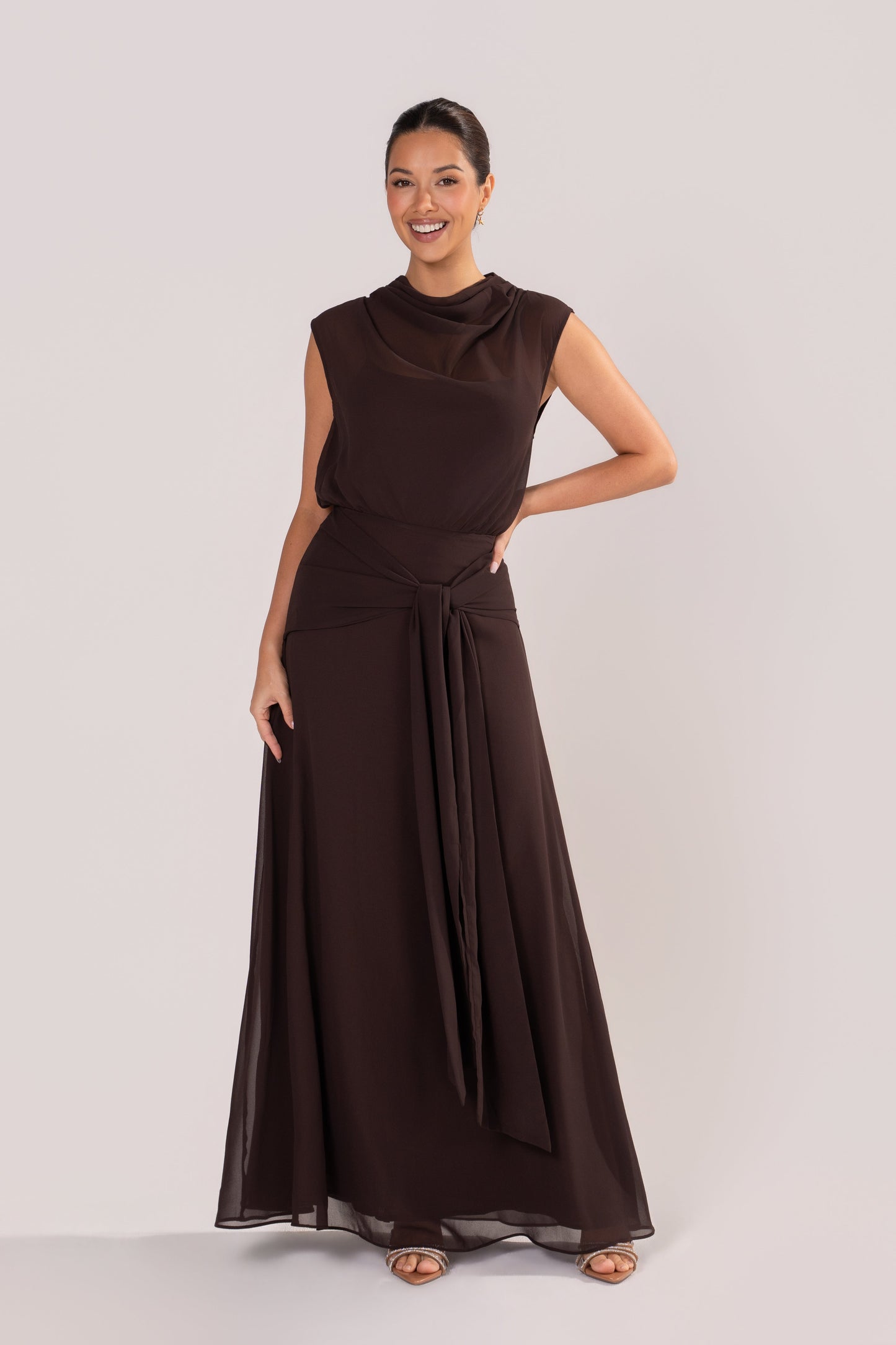 Fidelia Chocolate Maxi Dress with Sheer Cowl Overlay
