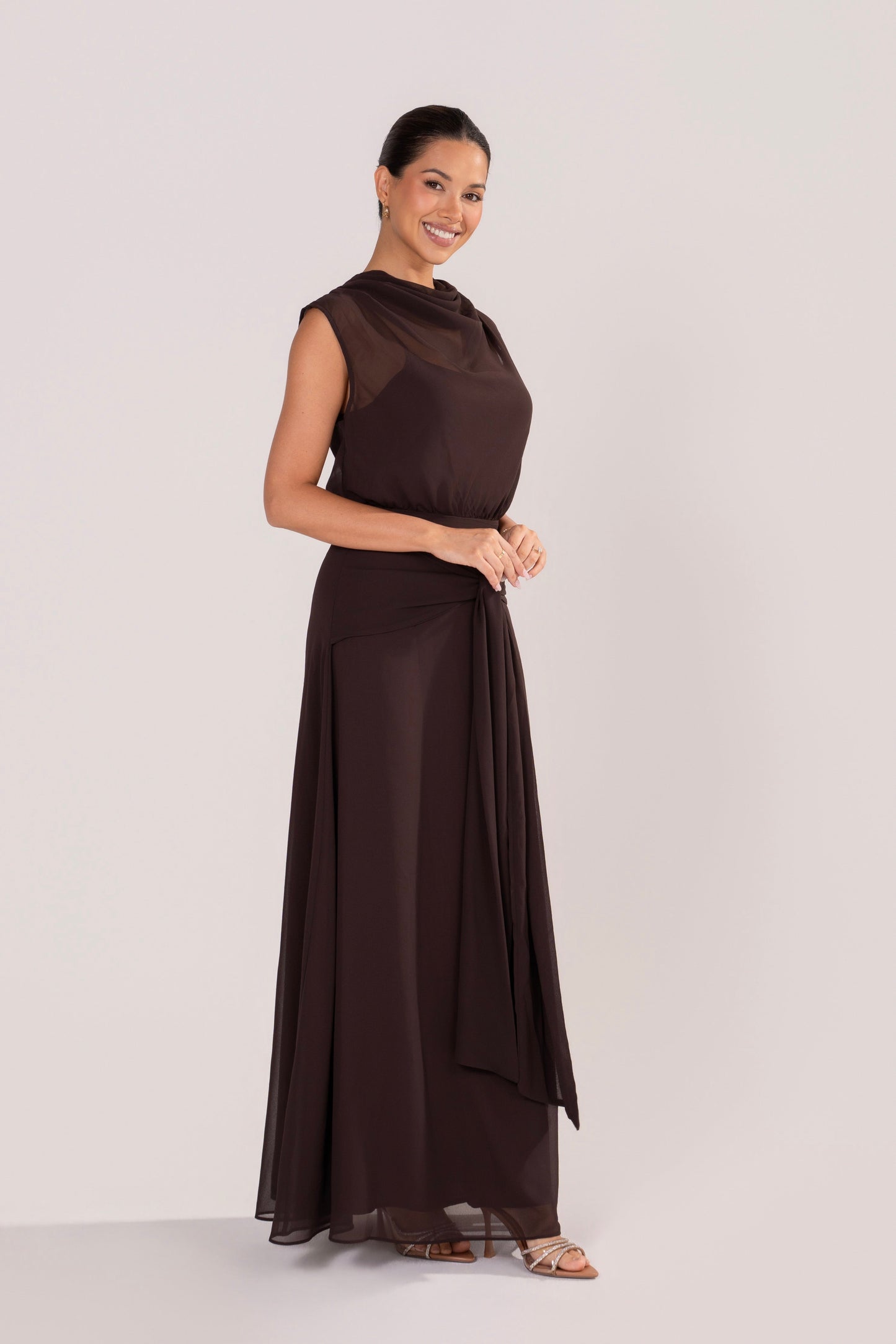 Fidelia Chocolate Maxi Dress with Sheer Cowl Overlay