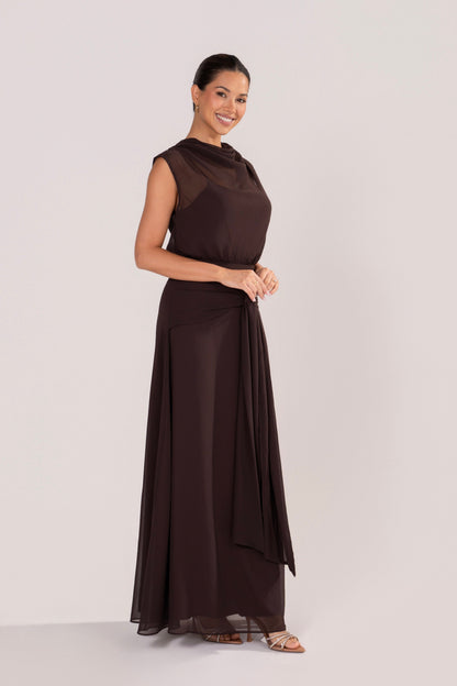 Fidelia Chocolate Maxi Dress with Sheer Cowl Overlay