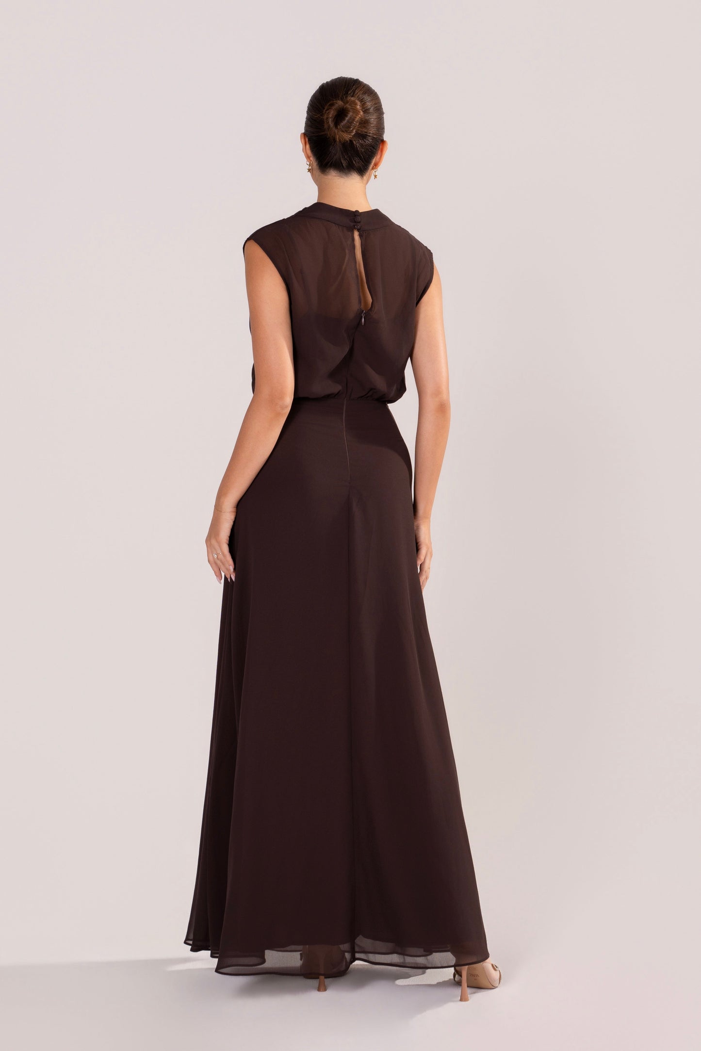 Fidelia Chocolate Maxi Dress with Sheer Cowl Overlay