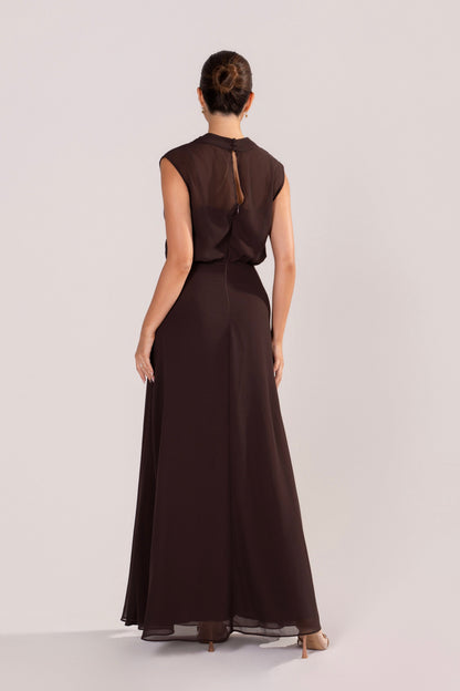 Fidelia Chocolate Maxi Dress with Sheer Cowl Overlay