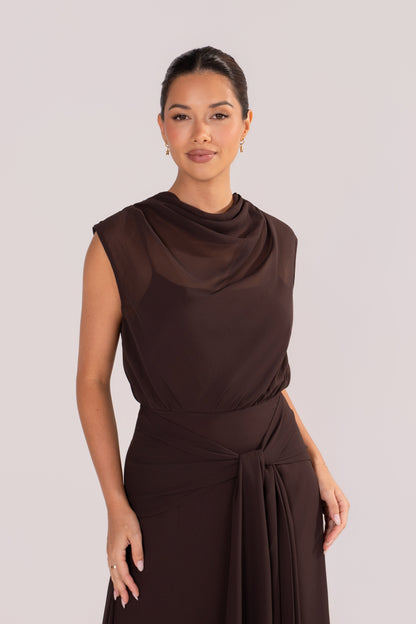 Fidelia Chocolate Maxi Dress with Sheer Cowl Overlay