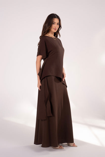 Fleurine Chocolate Short Sleeve Drape Top & Maxi Skirt Set