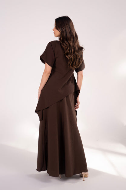 Fleurine Chocolate Short Sleeve Drape Top & Maxi Skirt Set