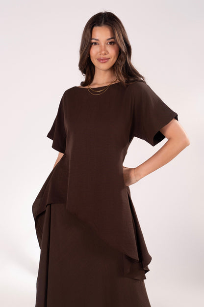 Fleurine Chocolate Short Sleeve Drape Top & Maxi Skirt Set