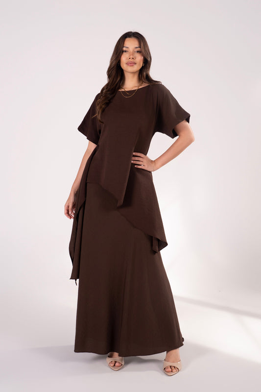 Fleurine Chocolate Short Sleeve Drape Top & Maxi Skirt Set