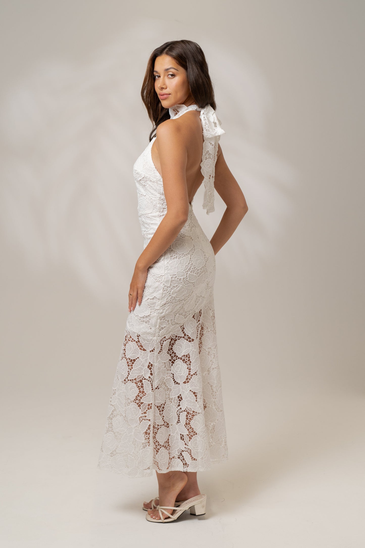 Georgia White High Neck Lace Midi Dress