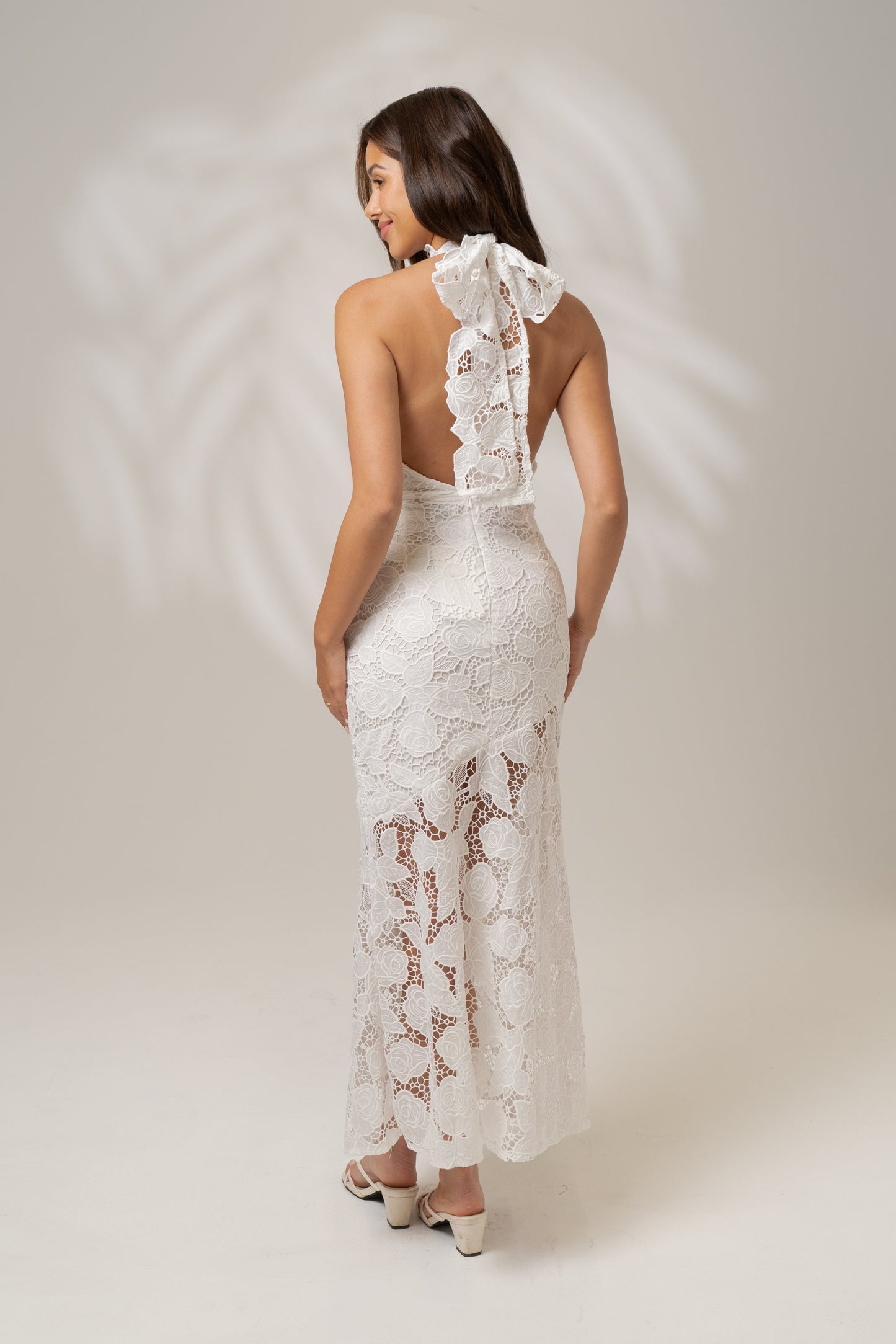 Georgia White High Neck Lace Midi Dress