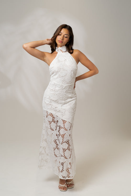 Georgia White High Neck Lace Midi Dress