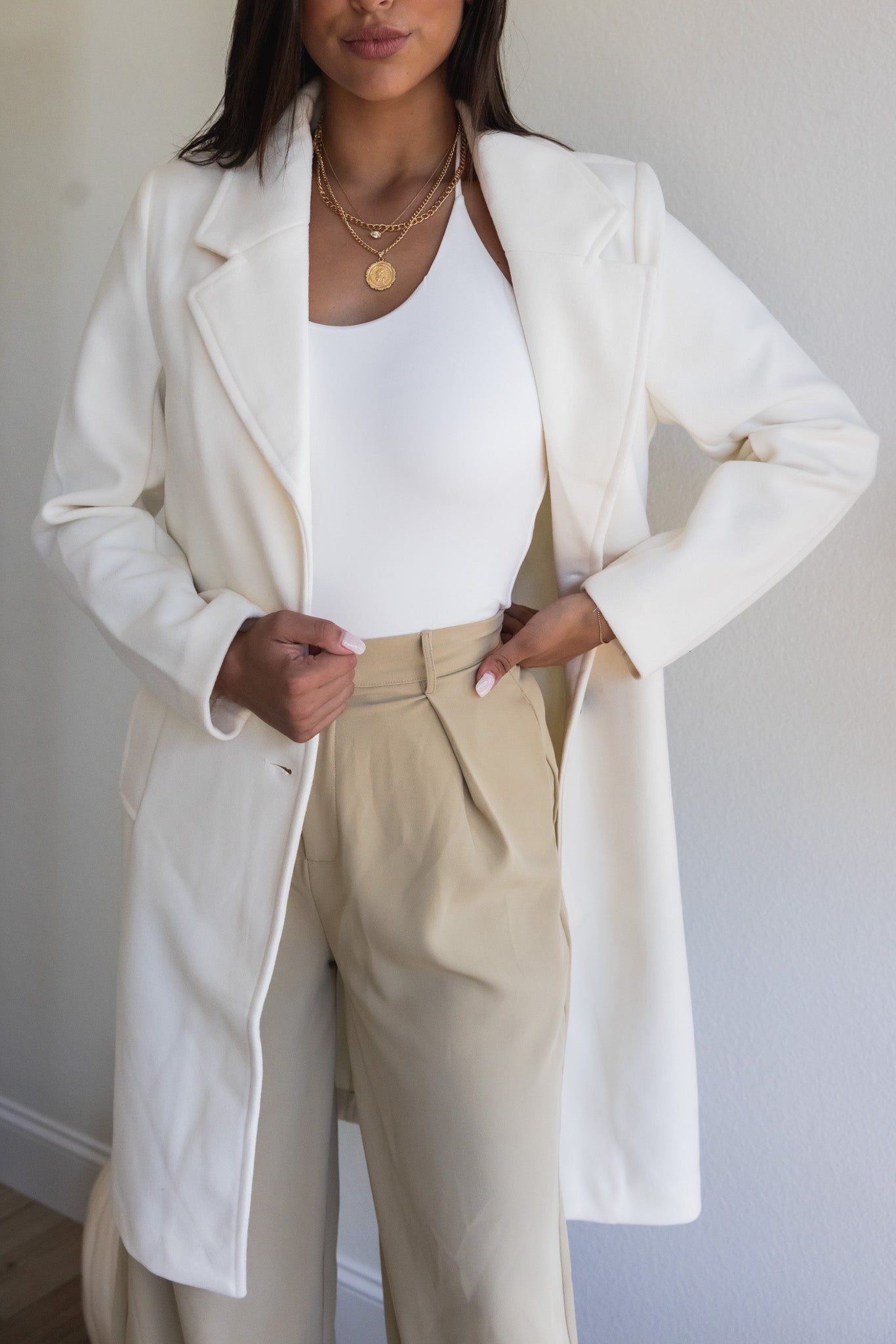 Bundled Up Notched Fleece Trench Coat (Ivory)