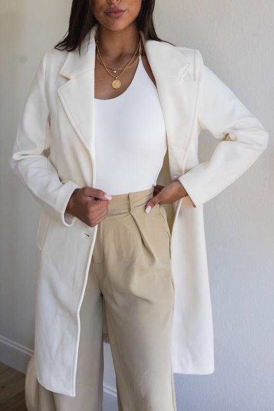 Bundled Up Notched Fleece Trench Coat (Ivory)