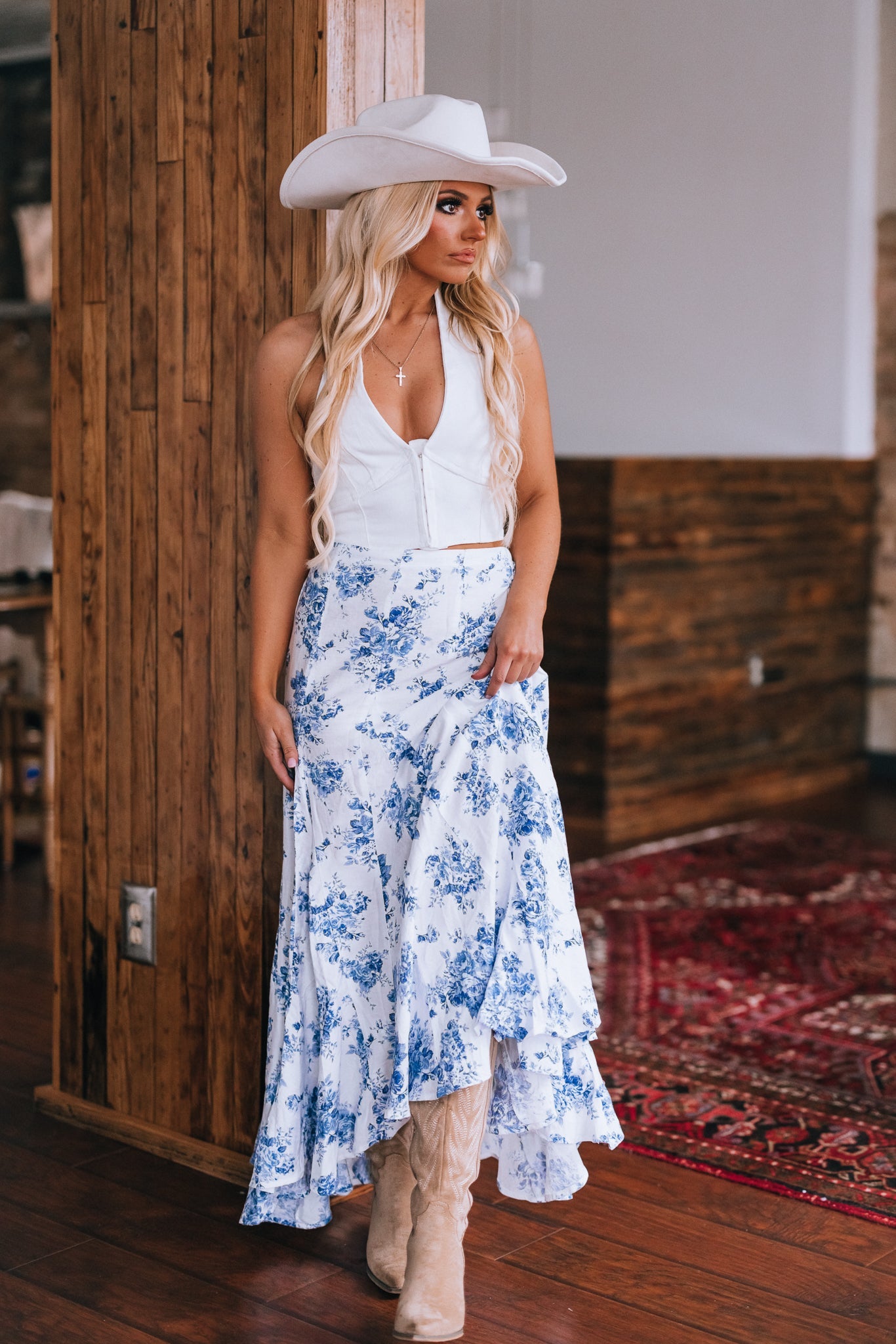 Yeehaw Denim Halter Top (White)