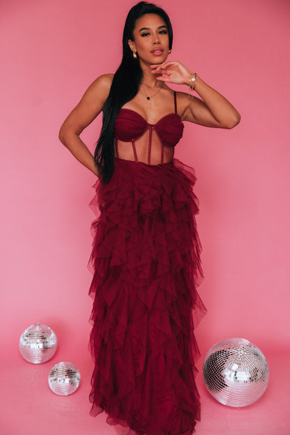 Cascading Tulle Corset Maxi Dress