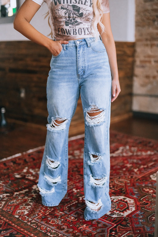 Viv High-Rise Distressed Wide Leg Jeans