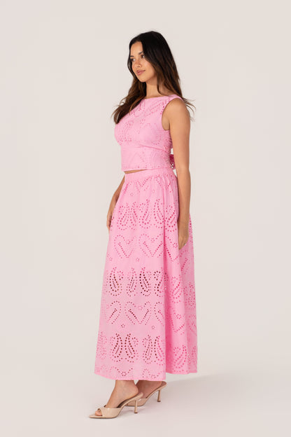 Haisley Pink Embroidered Top & Maxi Skirt Set