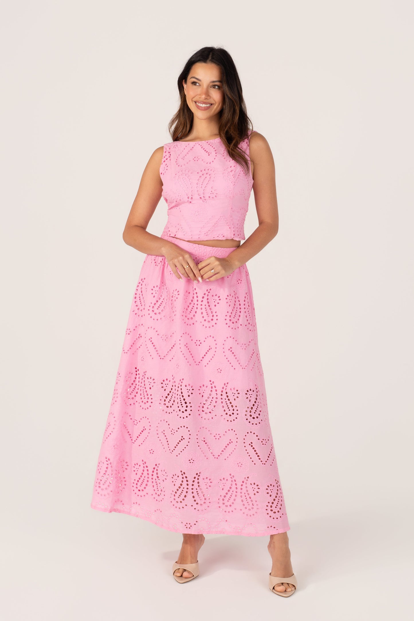 Haisley Pink Embroidered Top & Maxi Skirt Set