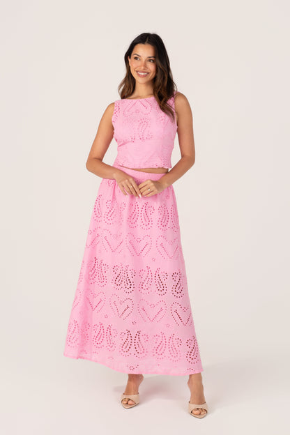 Haisley Pink Embroidered Top & Maxi Skirt Set