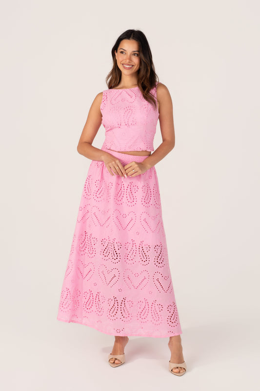 Haisley Pink Embroidered Top & Maxi Skirt Set