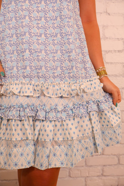 Blue Floral Ruffle Hem Mini Dress