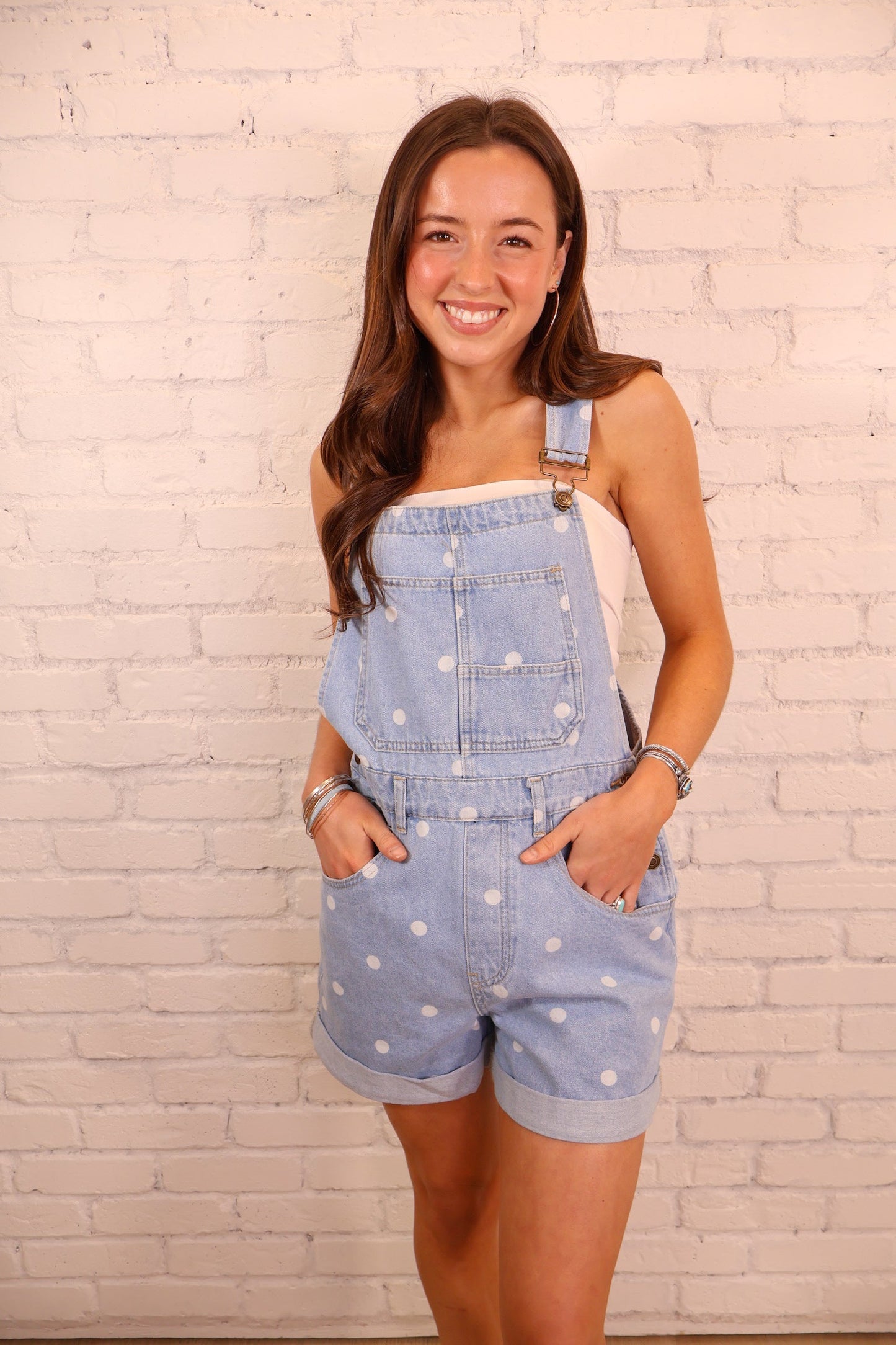 Polka Dot Denim Overall Romper