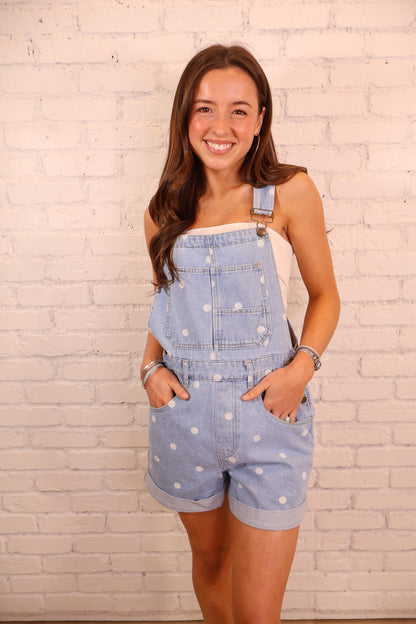 Polka Dot Denim Overall Romper