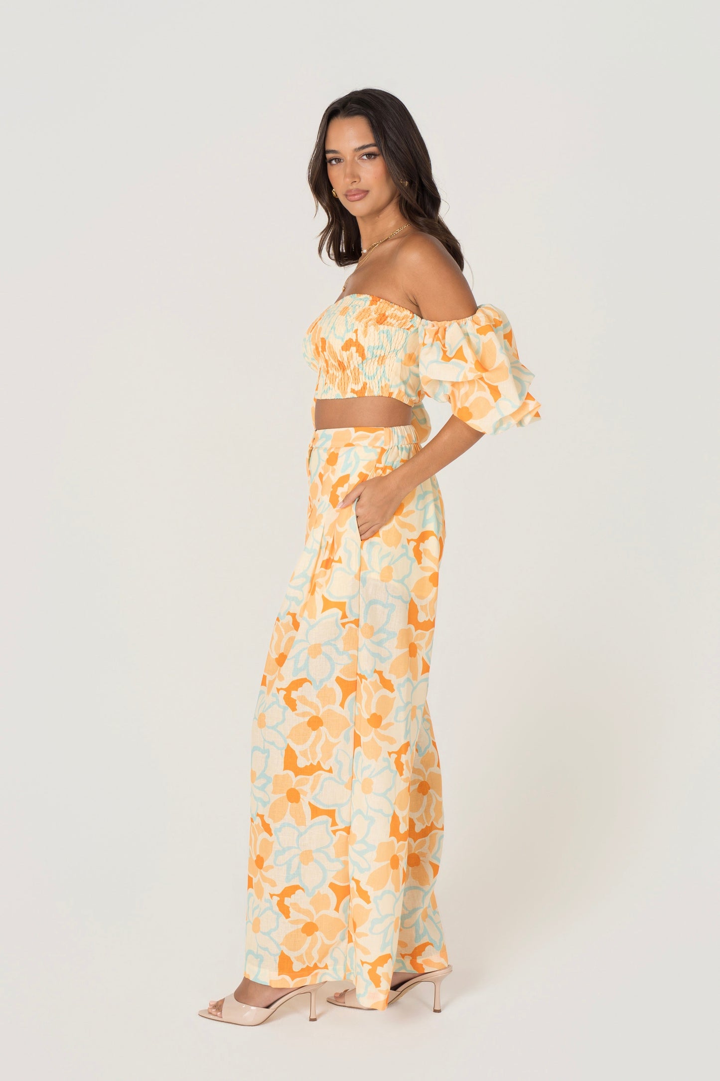 Isela Floral Off Shoulder Puff Sleeve Top & Pant Set