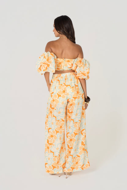 Isela Floral Off Shoulder Puff Sleeve Top & Pant Set