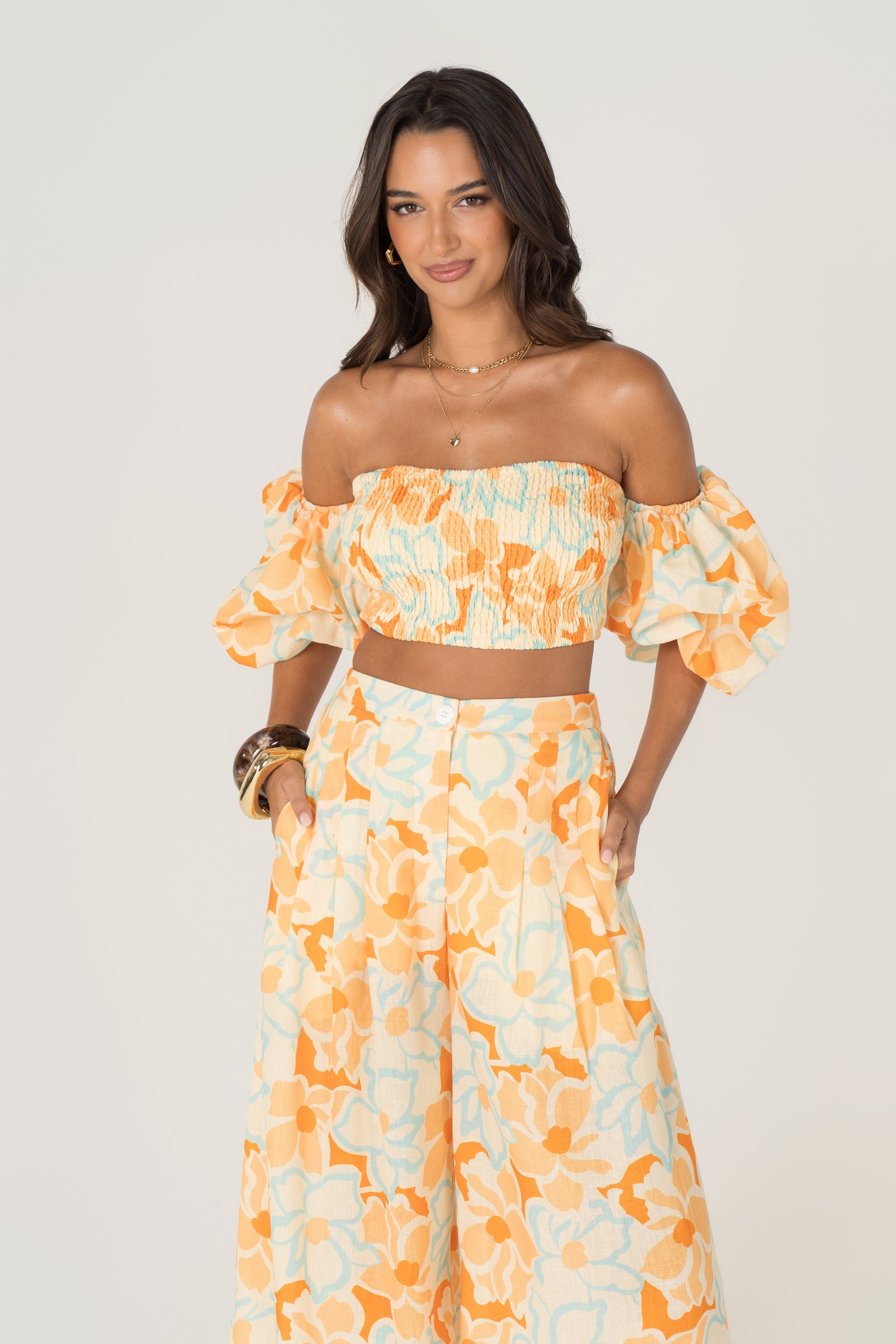 Isela Floral Off Shoulder Puff Sleeve Top & Pant Set