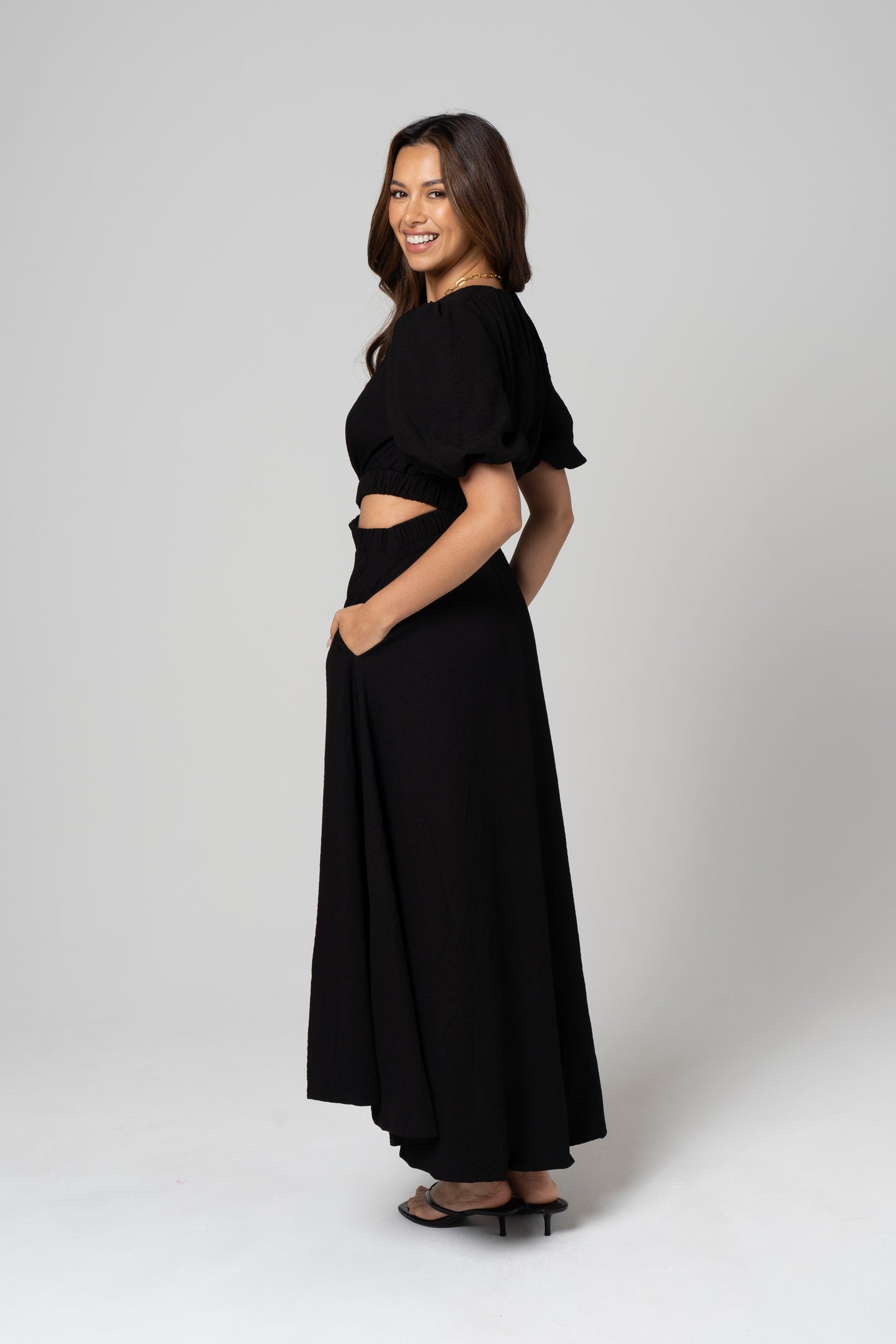 Janice Side Cut-Out Puff Sleeve Maxi Dress