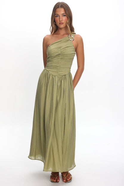 Andrina One-Shoulder Ruched Maxi Dress Olive