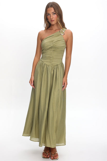 Andrina One-Shoulder Ruched Maxi Dress Olive