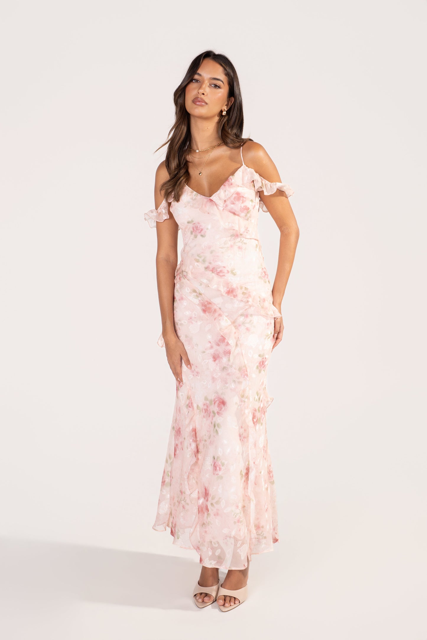 Kaelina Pink Floral Ruffle Maxi Dress