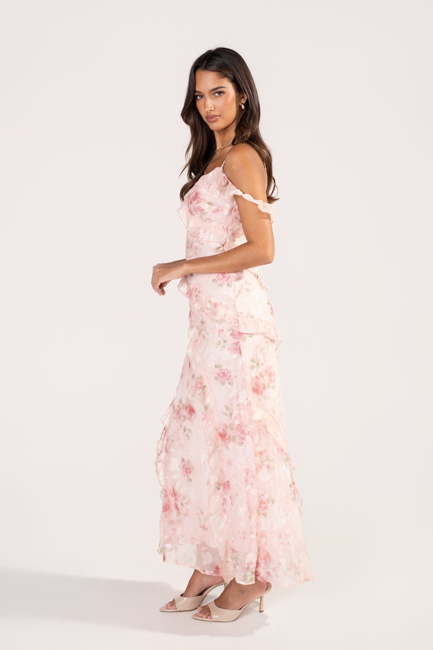 Kaelina Pink Floral Ruffle Maxi Dress
