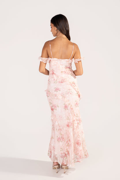 Kaelina Pink Floral Ruffle Maxi Dress