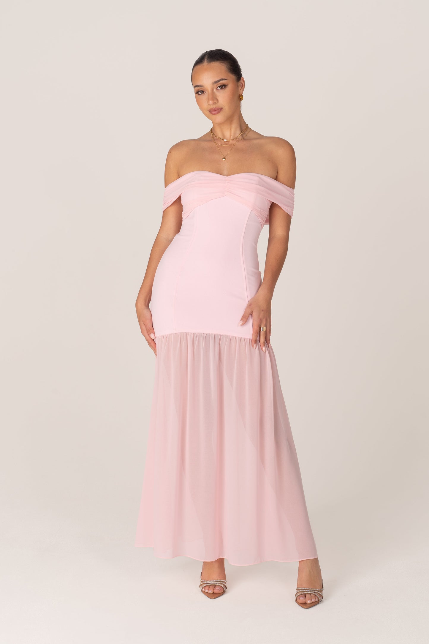Kaia Pink Off-Shoulder Flare Hem Gown