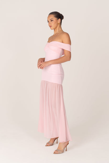 Kaia Pink Off-Shoulder Flare Hem Gown