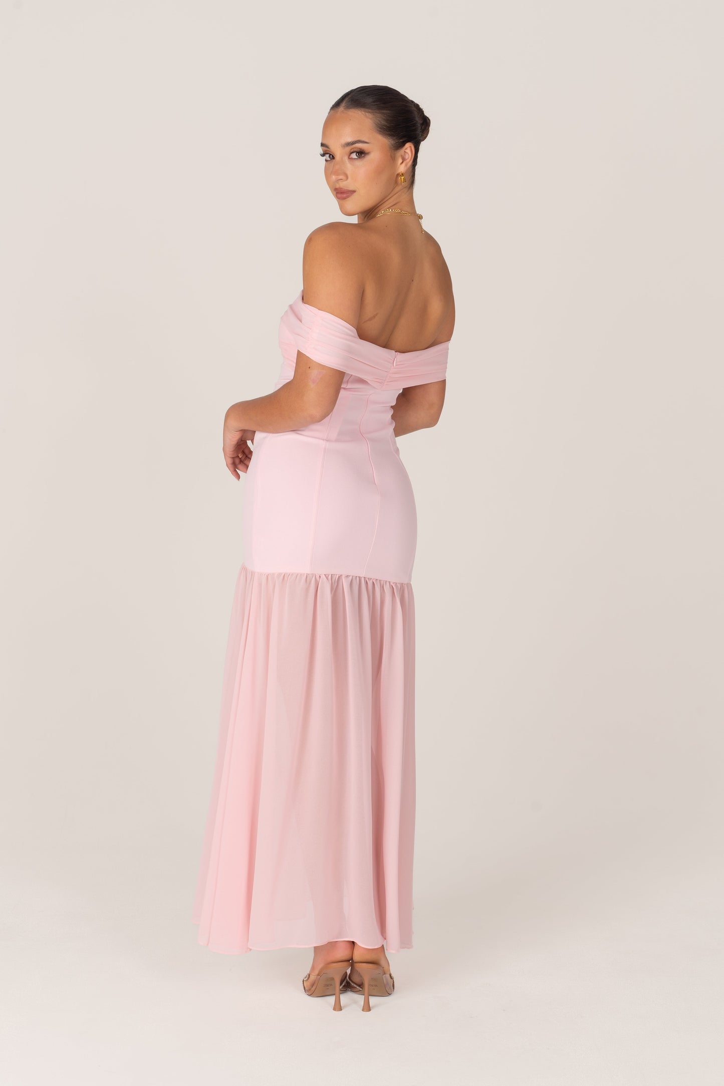 Kaia Pink Off-Shoulder Flare Hem Gown