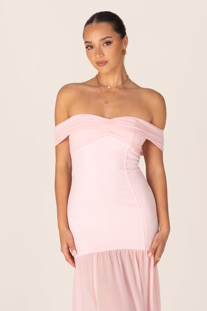 Kaia Pink Off-Shoulder Flare Hem Gown