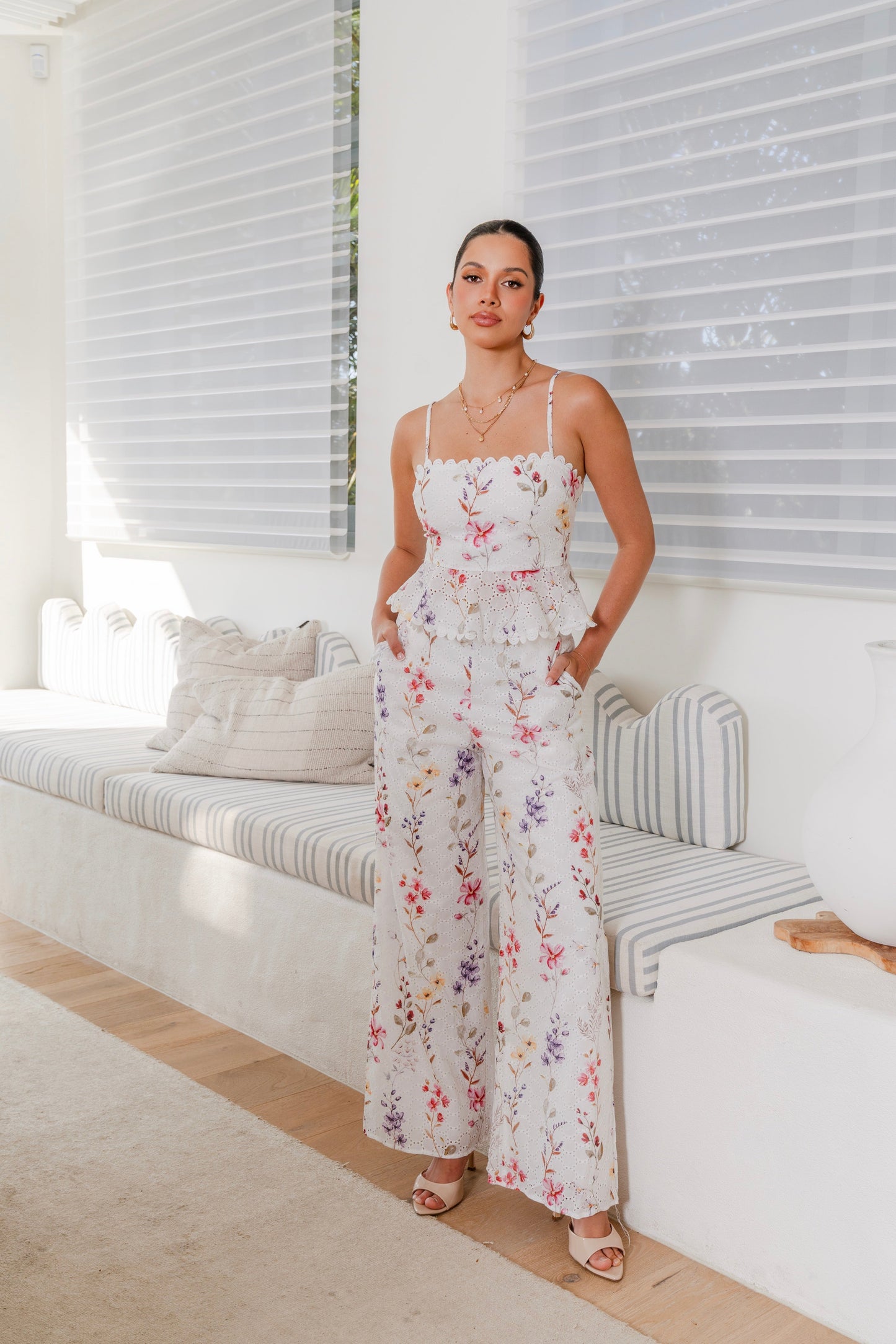 Kelsey White Floral Set - Peplum Top & Wide-Leg Pants