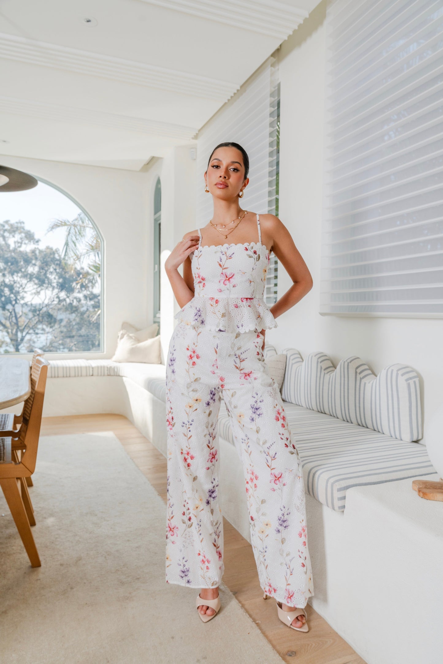 Kelsey White Floral Set - Peplum Top & Wide-Leg Pants