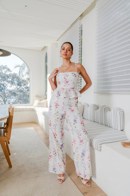 Kelsey White Floral Set - Peplum Top & Wide-Leg Pants