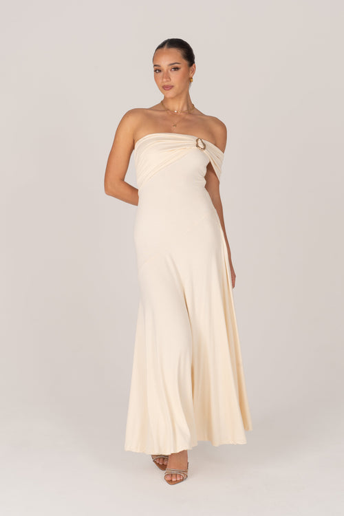 Lacy One-Shoulder Cream Cocktail Dress