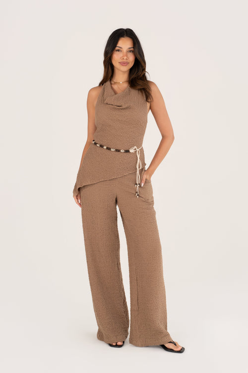 Marcelle Brown Cowl Halter Top & Matching Pant Set
